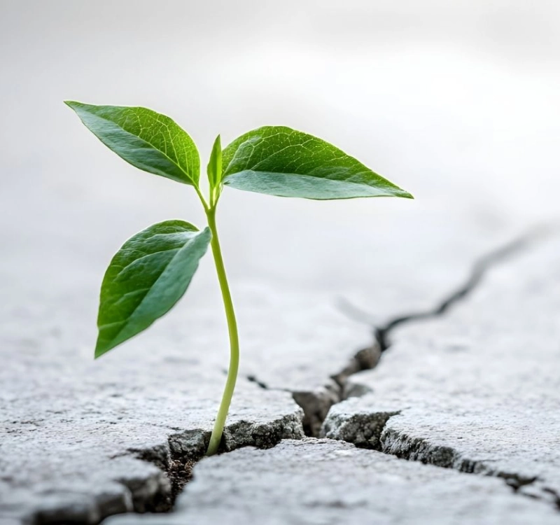 Une jeune pousse qui perce une fissure dans le béton, symbolisant la croissance, la résilience et l'opportunité